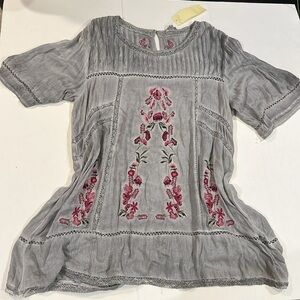 NWT POL Peasant Boho midi Dress Floral Embroidery blue Anthropology MEDIUM